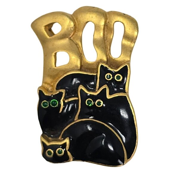 Vintage Danecraft Halloween Boo Brooch Black Cats Gold Tone Black Enamel Pin - Picture 1 of 9